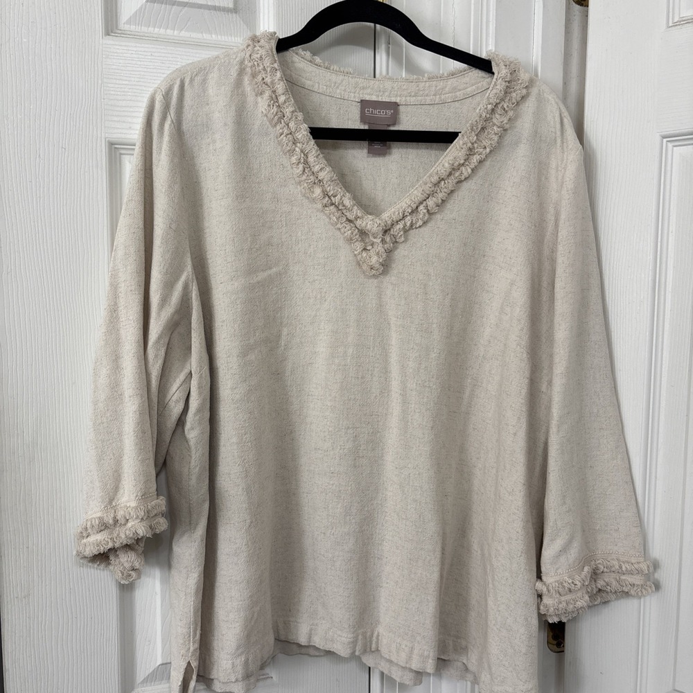 Chicos Women Top Linen Blend 3 XL Ivory Beige Fringe V-neck 3/4 Sleeve Boho